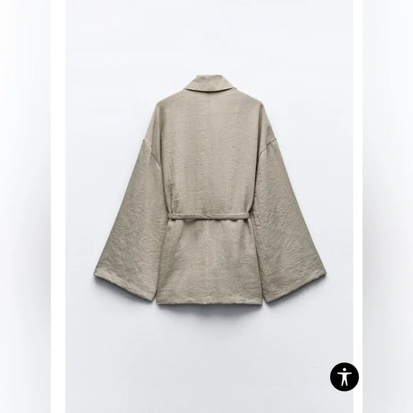 Zara Belted Textured Women's Long Sleeve Kimono Jacket In Beige/Tan Size M/L NWT - Picture 3 of 16